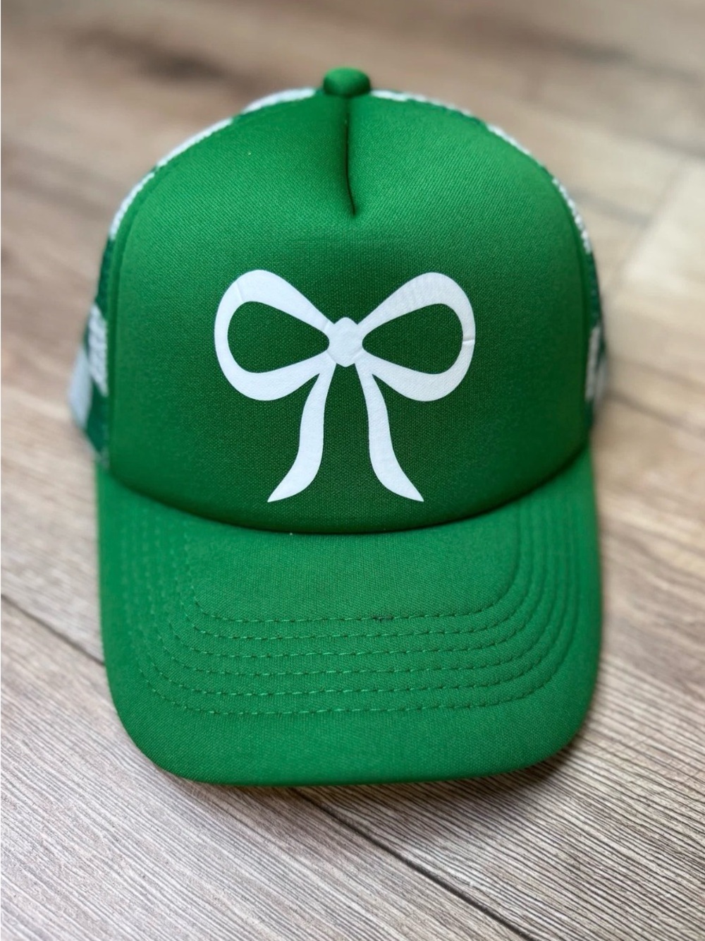 NWT Green Trucker Hat with White Bow Graphic